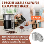 3 Pack Reusable Stainless Steel K Cup & Coffee Pods Filters for Ninja Coffee Maker, Compatible with Ninja CFP101, PB041 & PB051 Single Serve and Dual Brew Coffee Makers