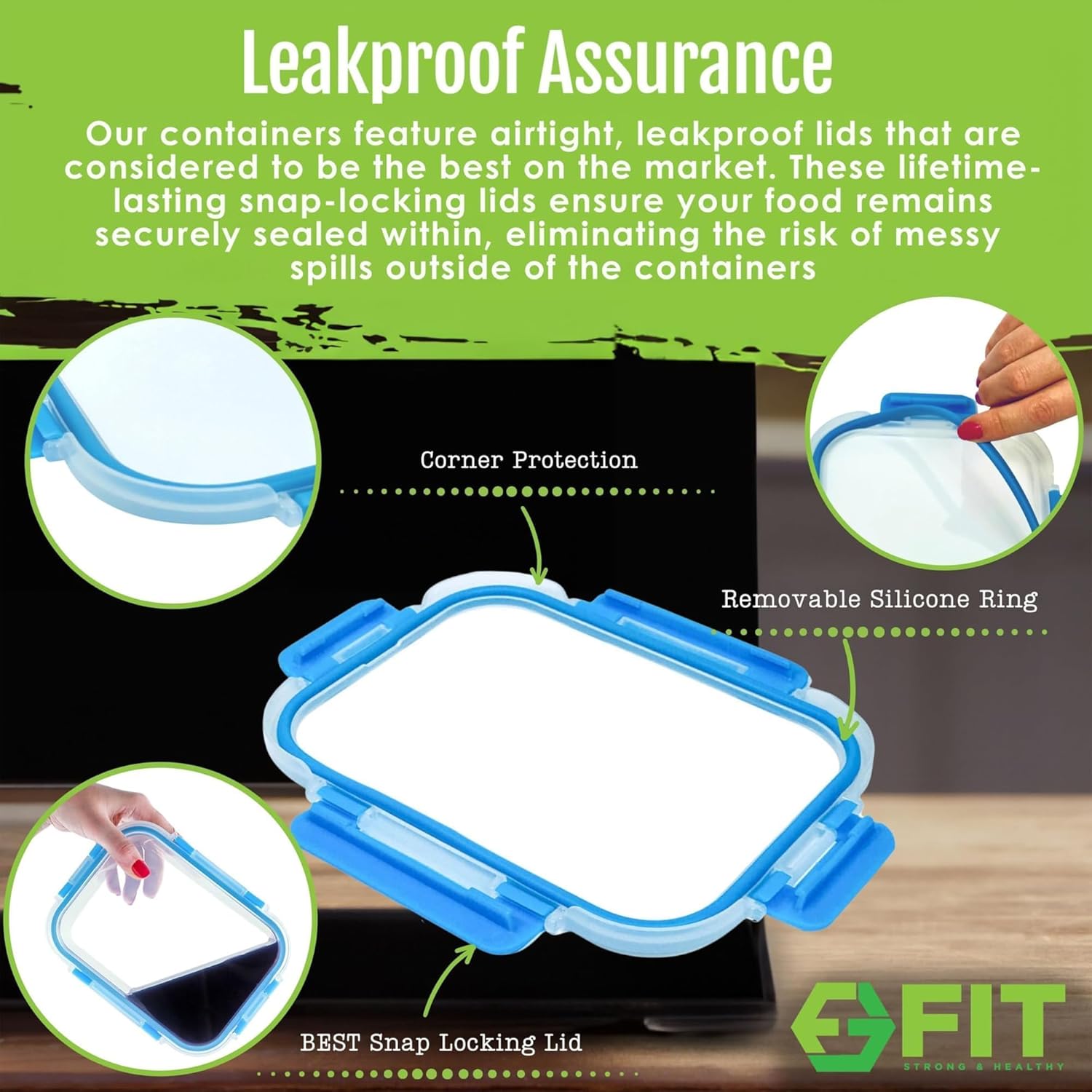 FIT Strong & Healthy Glass Meal Prep Containers, 2 & 3 Compartments - Portion Control, Lunch Container Set, Food Storage, Airtight Lids, Oven & Freezer Safe, Leak-Proof Bento Box, 32 oz, Blue, 4 Pack