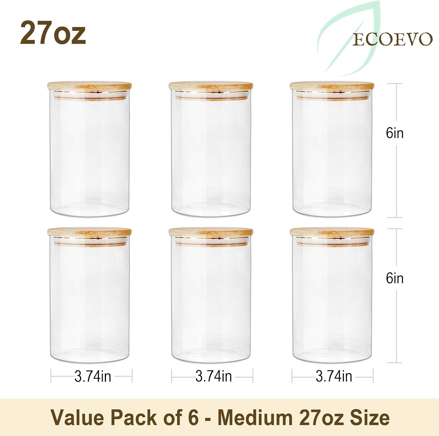 Glass Jars with Bamboo Lids (27oz in 6 Pack), Glass Food Jars and Canisters Sets, Food Storage Container with Airtight Lids, Food Pantry Jars,