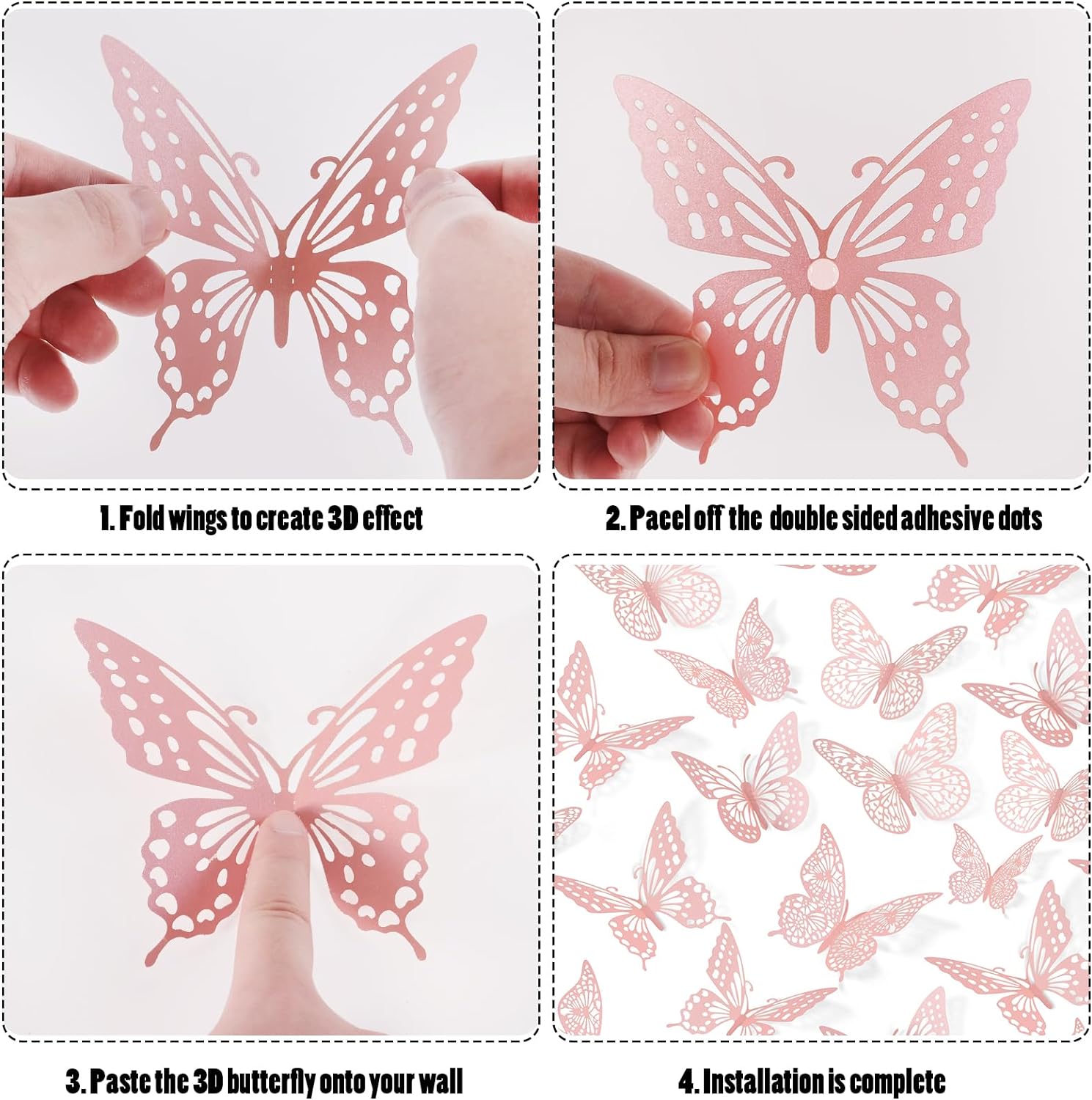 SAOROPEB 3D Butterfly Wall Decor - 48 Pcs, 4 Styles, 3 Sizes - Removable Wall Stickers for Pink Room Decor, Birthday Parties, Cake Decorations