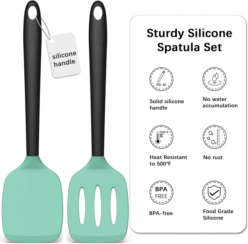 Coukre 2 Pack Silicone Spatula Set, High Heat Resistant, BPA Free Kitchen Spatula, Solid & Slotted Turner for Non-Stick Pans, Sautéing, and Flipping (2, AquaGreen)