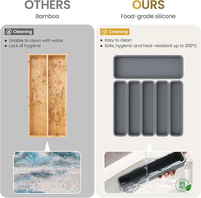 6 Pack Silicone Drawer Organizer for Kitchen, DIY Free Combination Silverware Organizer, Utensil Drawer Organizer, Moisture-proof and Heat-resistant up to 200°C, Anti-slip and Environmentally (Grey)