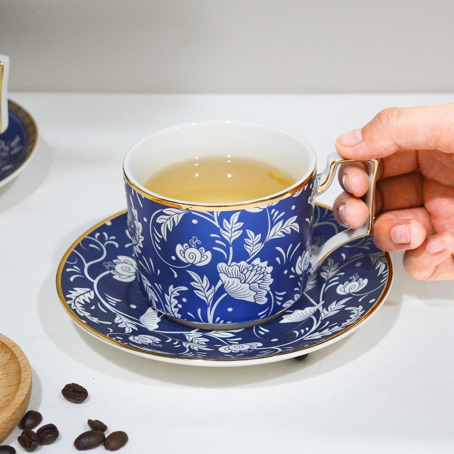 ACMLIFE Bone China Tea Cups and Saucers Set of 4, 6.8 oz Blue and White Tea Cups Set of 4, with Gold Trim and Gift Box (Blue-4)