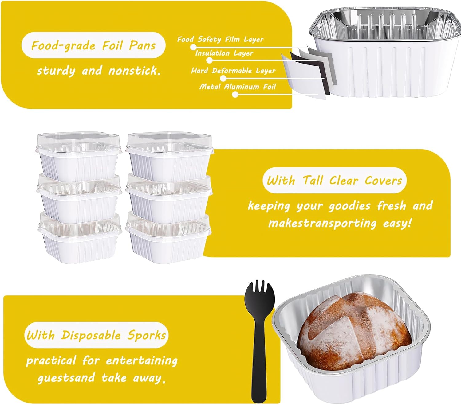 25 Pack Square Mini Cake Pans with Lids,Mini Loaf Pans with Lids,Aluminum Foil Baking Cups,Disposable Ramekins Cupcake Cups,Dessert Cups for Wedding Birthday Party Picnics,5oz (White)