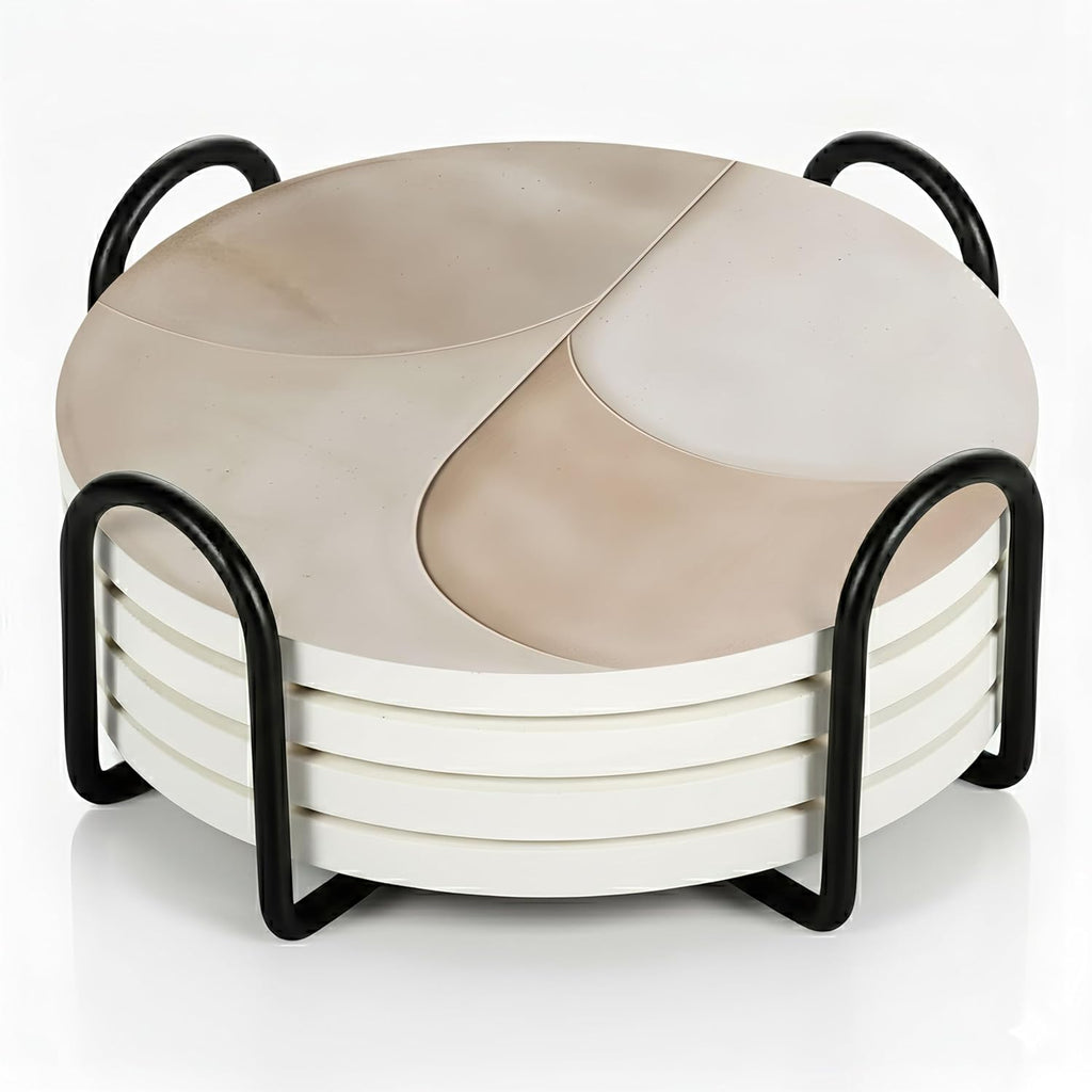 VEYRO Coasters Set of 4 for Drinks – Absorbent Ceramic Stone Drink Coasters with Cork Backing for Coffee Table & Desk, Modern Marble Look Cup Coaster Set, Housewarming Gift for New Home