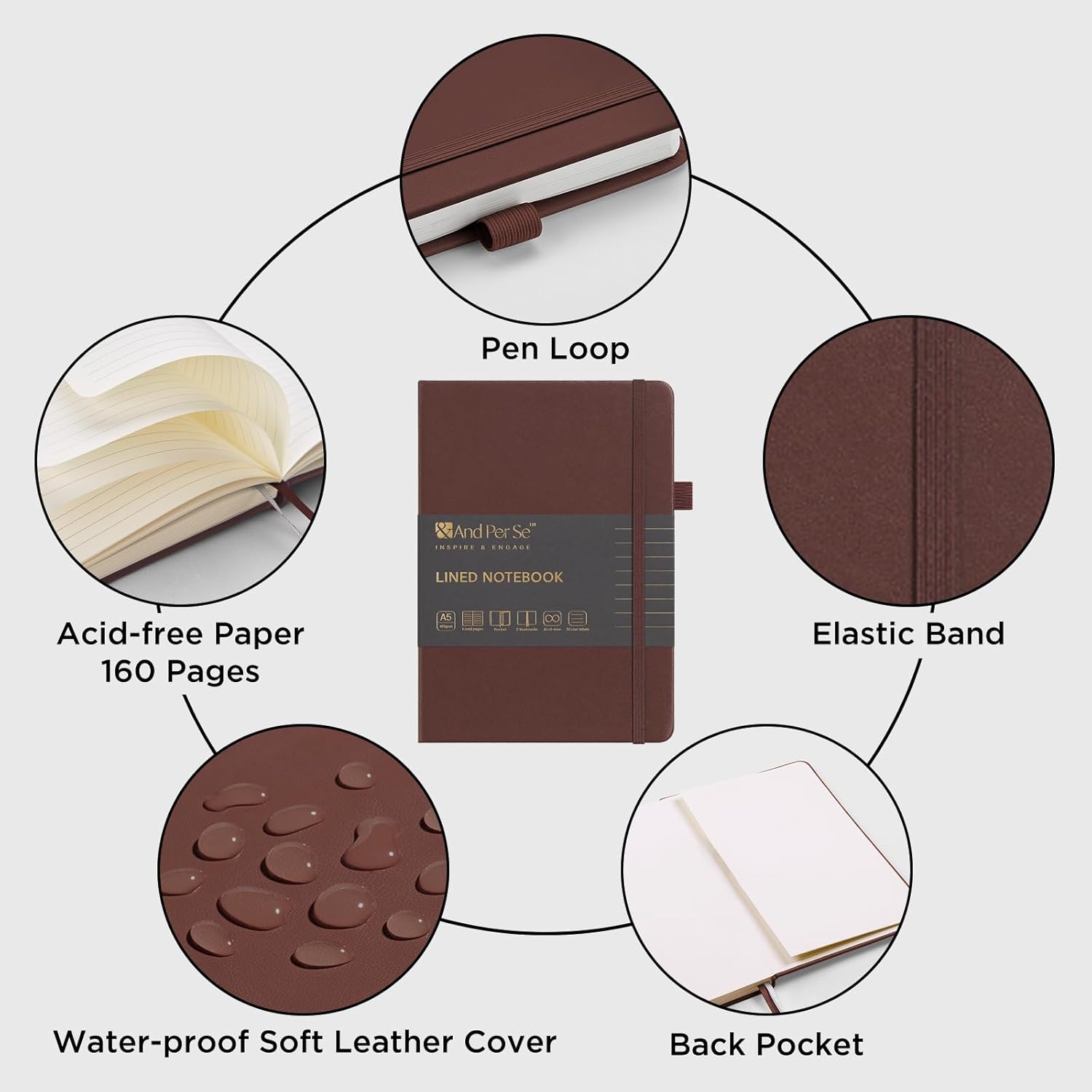 &And Per Se Lined Journal Notebook, 160 Pages, A5 5.7 x 8 inches College Ruled Thick Paper Notebook Journals for Writing, Hardcover Notebooks for Women Men Office School (1 Pack, Chocolate)