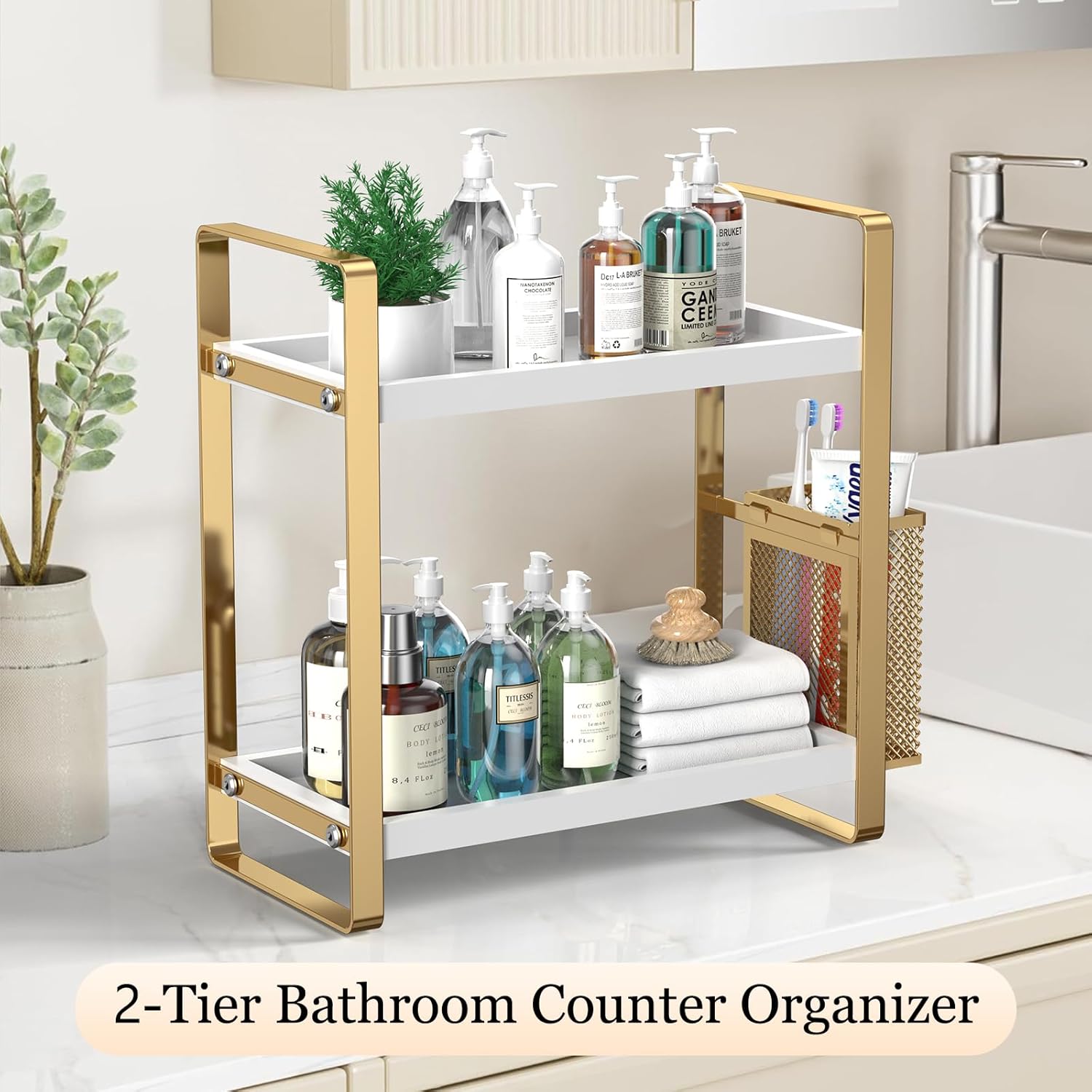 Bathroom Counter Organizer, Wood Vanity Trays with Basket, Skincare Countertop Organizers, Large Capacity Makeup and Perfume Organizer