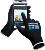 KAYGO Safety Work Gloves PU Coated for Men and Women, 60 Pairs KG11PB, Seamless Knit Glove with Two Fingers Touchscreen, breathable and lightweight Ideal for General Duty Work (XL,Black)