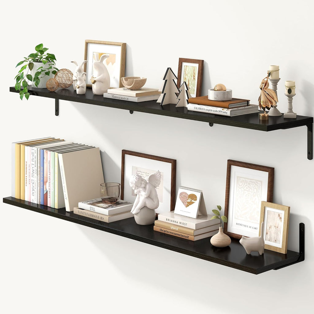 Fun Memories Deep Floating Shelves, 55W x 8D Floating Shelves Set of 2, Wall Mounted Shelf with Metal Brackets, Rustic Wood Wall Shelf for Bathroom, Kitchen and Living Room, Black