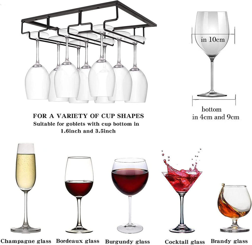 Wine Cup Holder Table Decoration Storage Hanger Metal Organizer for Bar Kitchen Stemware Rack Under Cabinet Stainless Steel Hanger Storage Shelf Black (Black, 3 Rows 1 Pack)