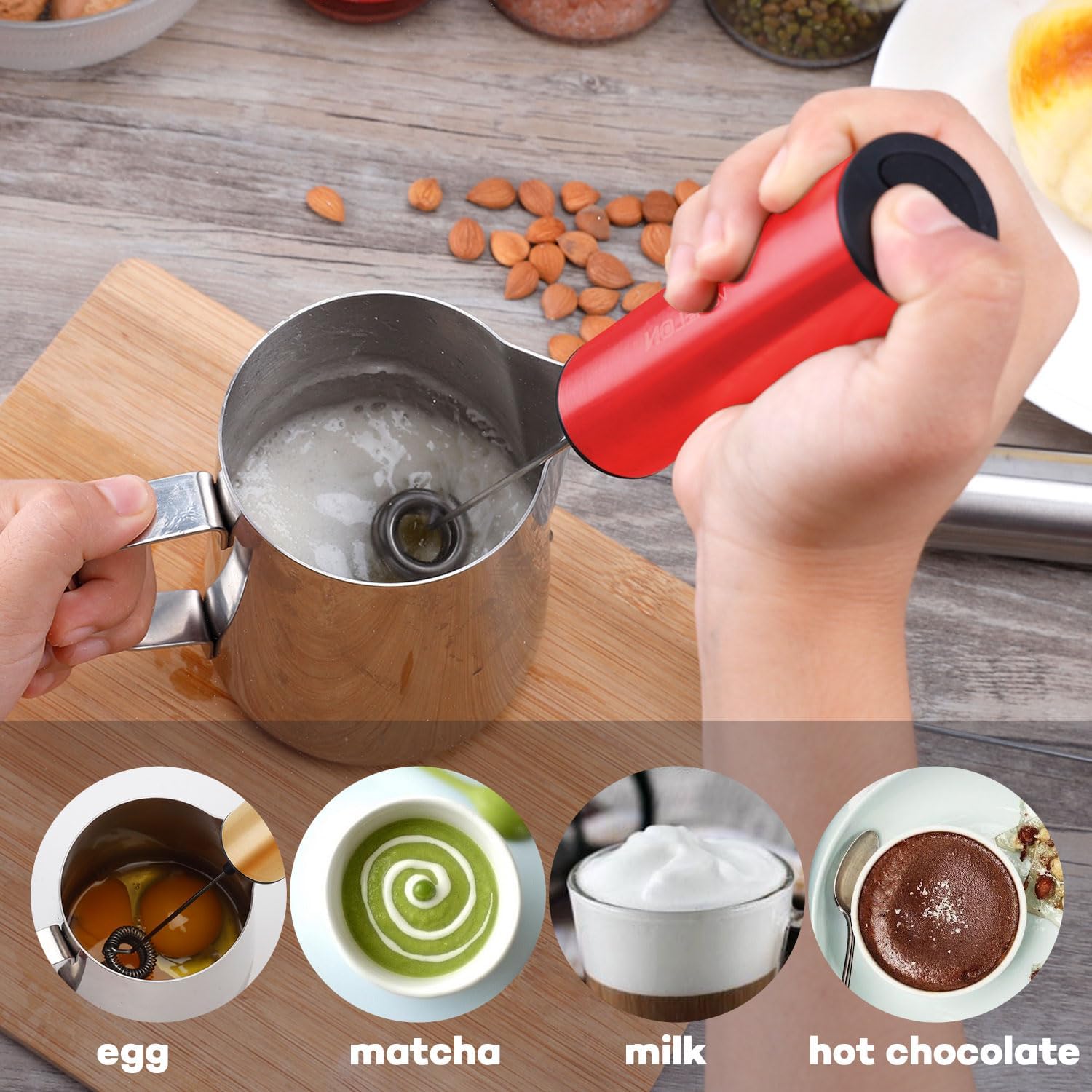 Rechargeable Milk Frother Handheld Electric Frother Wand Milk Foamer Drink Mixer for Coffee, Lattes, Cappuccino, and Egg, Stainless Steel for Travel-Rube Red