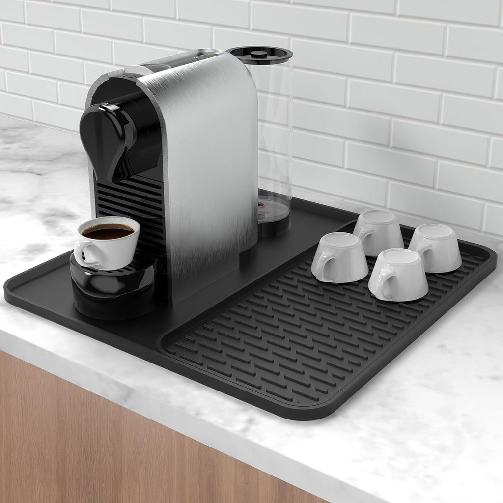 Silicone Coffee Mat,16''x16'' Coffee Bar Mat with Detachable Dish Drying Mat for Kitchen Countertops,Coffee Bar Accessories Fit Under Coffee Maker Coffee Machine Coffee Pot Espresso Machine Dish Rack