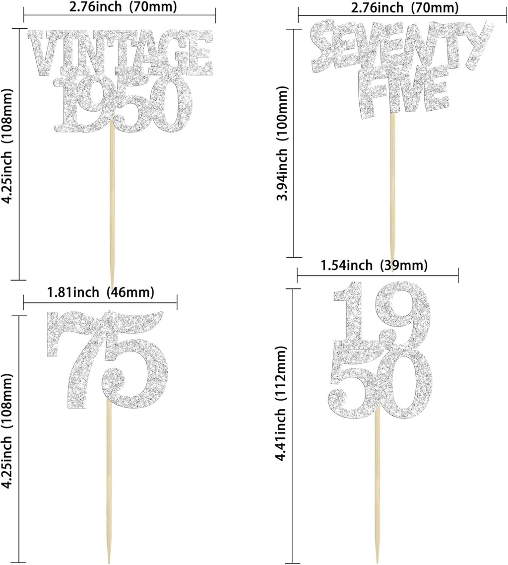 Gyufise 24Pcs 75th Birthday Cupcake Toppers Glitter Cheers to 75 Fabulous Seventy Five Vintage 1950 Cupcake Picks 75th Birthday Wedding Anniversary Party Cake Decorations Supplies Silver