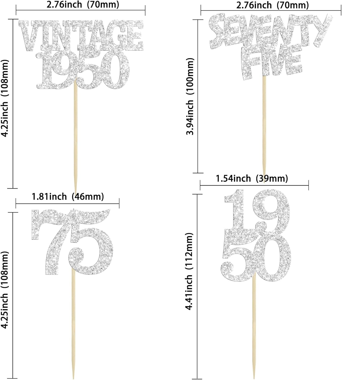 Gyufise 24Pcs 75th Birthday Cupcake Toppers Glitter Cheers to 75 Fabulous Seventy Five Vintage 1950 Cupcake Picks 75th Birthday Wedding Anniversary Party Cake Decorations Supplies Silver