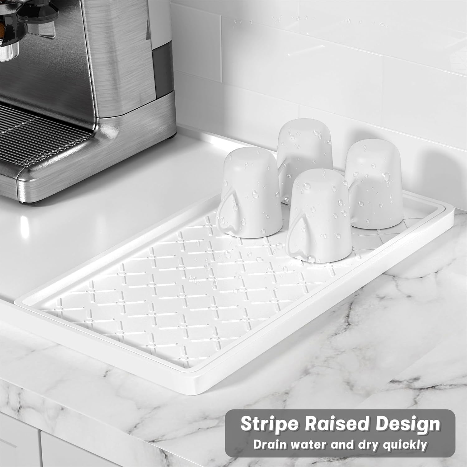 Rnivvi Silicone Coffee Mat, 16" x 24" Waterproof Raised Edge Coffee Bar Mats for Espresso Machine Station Accessories, Heat Resistant Detachable Dish Drying Pad for Kitchen Counter, Dish Rack, White
