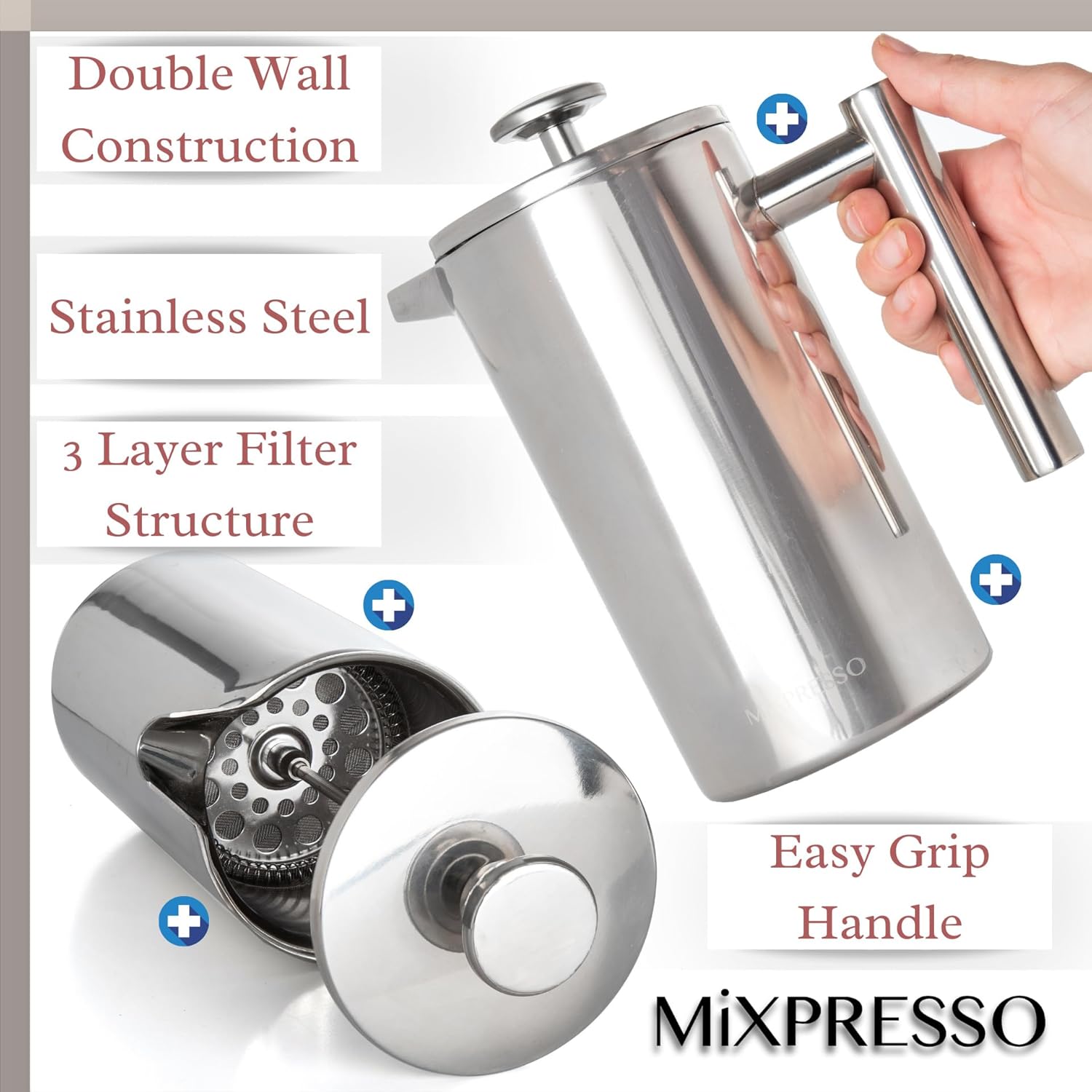 Mixpresso Stainless Steel French Press Coffee Maker 27 Oz 800ml, Double Wall Insulated French Press Stainless Steel, Built-In Thermometer, Easy Clean Tea Brewer, Easy Press Durable Metal Coffee Press