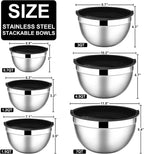 E-far Mixing Bowls with Lids, 12-Piece Stainless Steel Salad Bowls Metal Nesting Bowls for Baking Cooking and Prepping, Airtight Lids & Stackable Design, Size 7, 4.5, 3, 1.5, 1.2, 0.7 QT (Black)