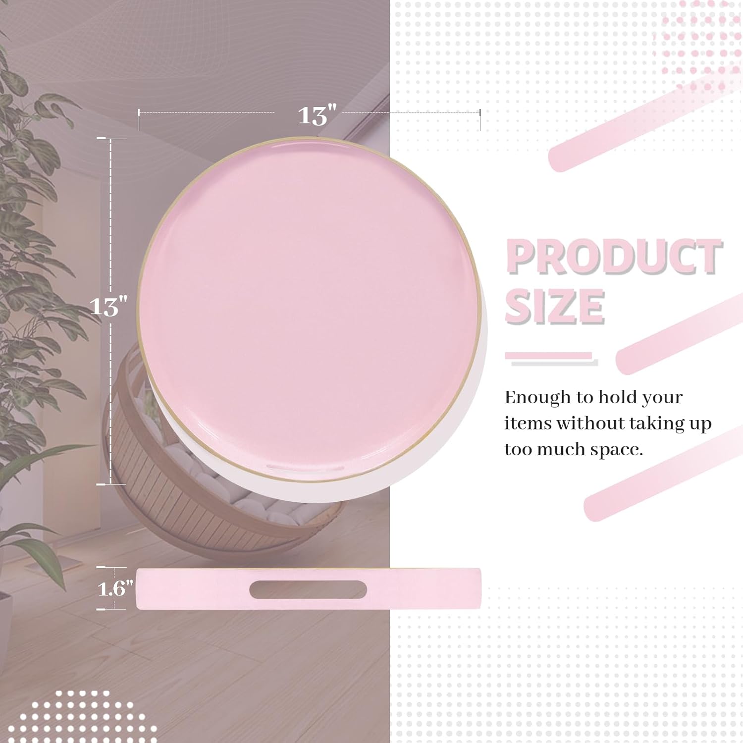 MAONAME 13" Round Tray, Pink Serving Tray with Handles, Modern Decorative Trays for Coffee Table, Plastic Ottoman Trays for Ottoman, Bathroom, Decor