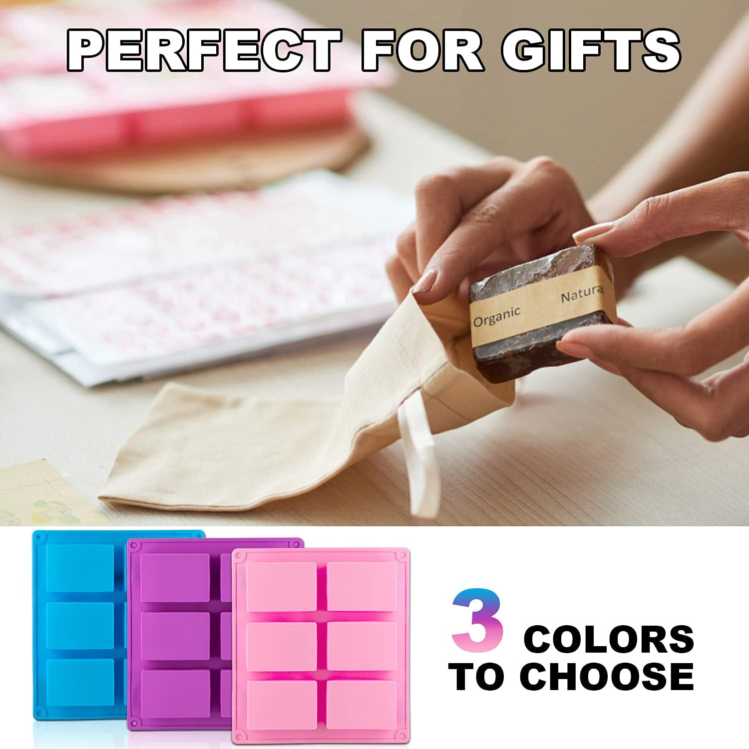 3 Pack Silicone Soap Molds, 6 Cavities Rectangle Silicone Mold, Great for Homemade Craft Soap Mold, Chocolate, Cake Molds ＆ Ice Cube Tray - Just Pop Out（Pink & Blue & Purple）