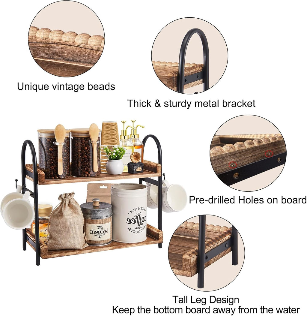 Coffee Bar Accessories, 2-Tier Coffee Bar Organizer with 4 Coffee Cup Holder Hooks, Mul-tifunctional Wooden Beaded Coffee Station Countertop Stand Shelf for Kitchen Home Office