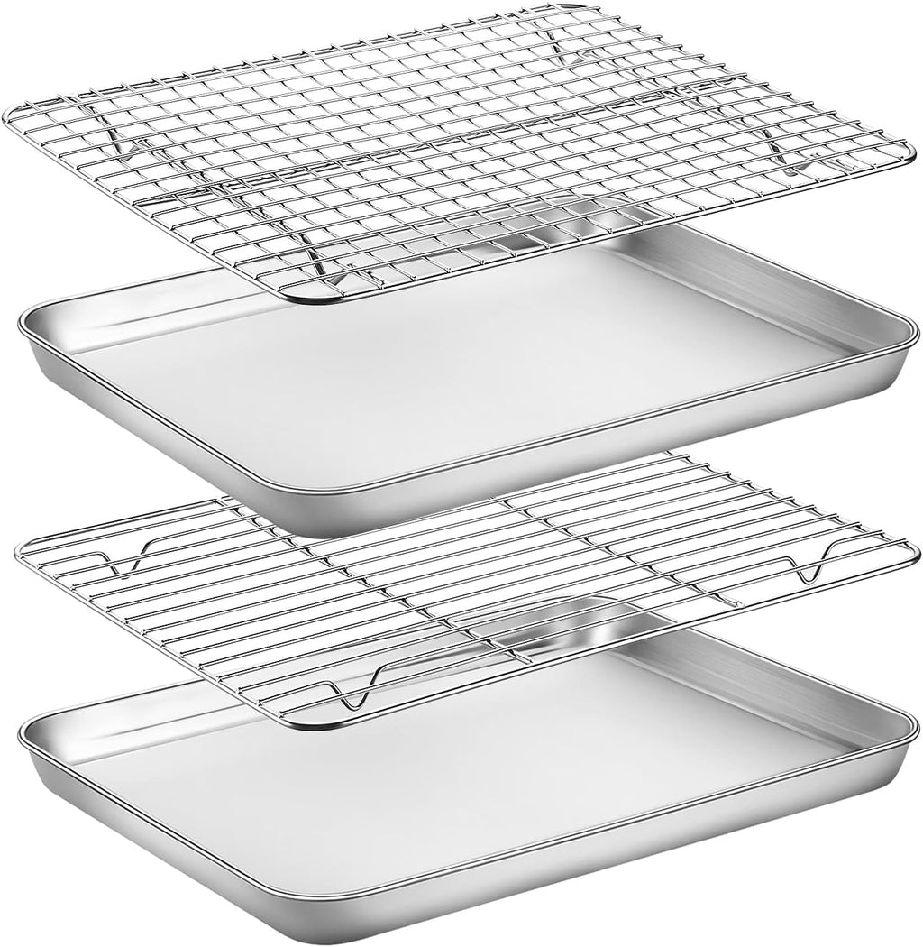 Baking Sheet with Rack Set, Yododo Set of 4 (2 Sheets + 2 Racks), Stainless Steel Cookie Sheet Baking Pan Tray with Cooling Rack, Non Toxic & Heavy Duty & Easy Clean - Size of 12 inch