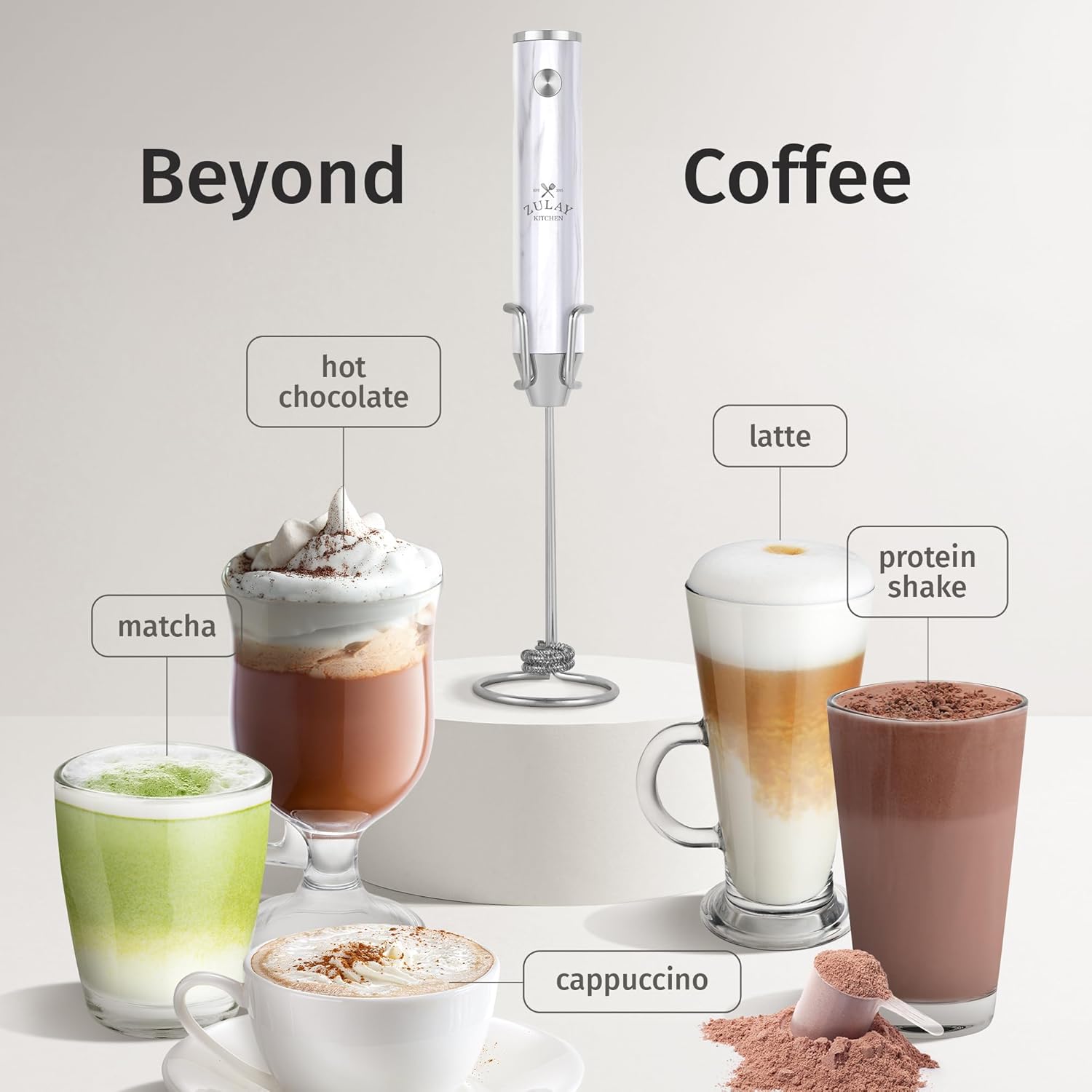 Zulay Kitchen Lux Rechargeable Milk Frother Handheld - Powerful 2-Speed Motor, Fully Waterproof, 2000mAh Battery - Drink Mixer For Latte, Cappuccino, Matcha, Protein Powder - White Marble