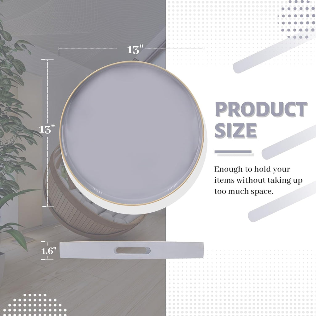 MAONAME 13" Gray Round Tray, Grey Serving Tray with Handles, Modern Round Decorative Trays for Coffee Table, Plastic Trays for Ottoman, Bathroom, Decor