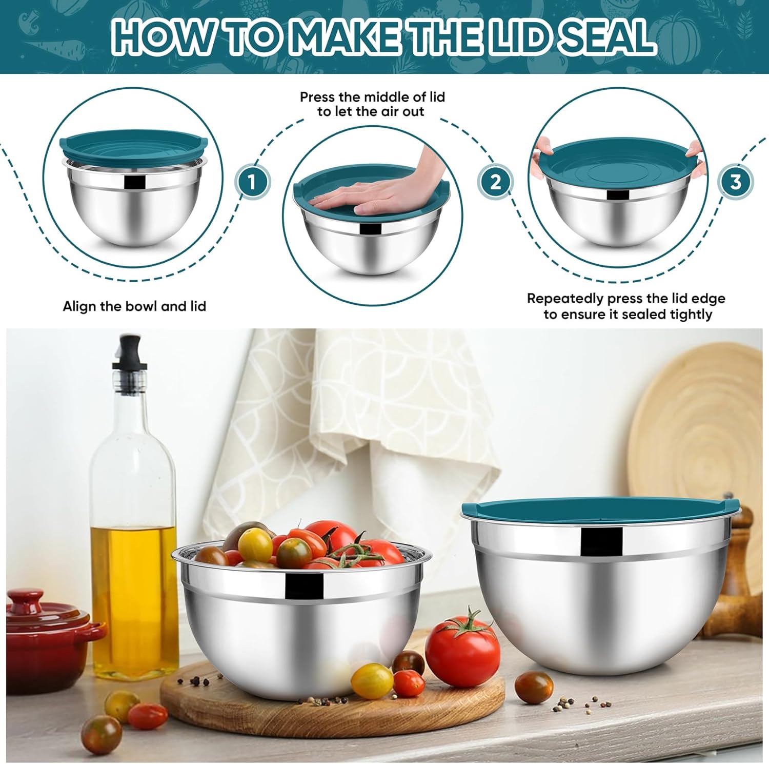 TeamFar Mixing Bowl Set of 5, Stainless Steel 4.5/3/1.5/1/0.7 QT Metal Nesting Salad Bowls with Lids, Ideal for Mixing Serving Tossing, Non-Toxic & Sturdy, Airtight Lid & Easy Clean, Blue