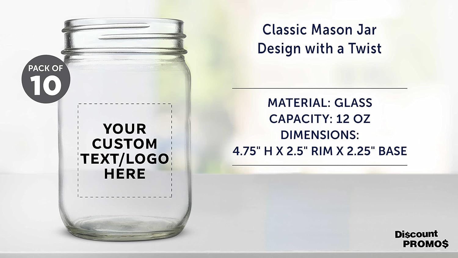 DISCOUNT PROMOS Custom Decorating Mason Jars 12 oz. Set of 10, Personalized Bulk Pack - Glass Jars for Overnight Oats, Candies, Fruits, Pickles, Spices, Beverages - Clear