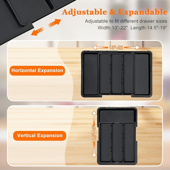 Large Utensil Drawer Organizer Expandable Silverware Organizer for Kitchen Drawer Adjustable Cooking Utensil Holder Cutlery Flatware Tray Spatula Tools Gadgets Storage Dividers Plastic Black