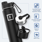 IRON °FLASK Camping & Hiking Hydration Flask with 3 Lids - Stainless Steel, Double Walled & Vacuum Insulated Water Bottle - Leak Proof & BPA Free (Black Marquina, Spout - 22 oz)