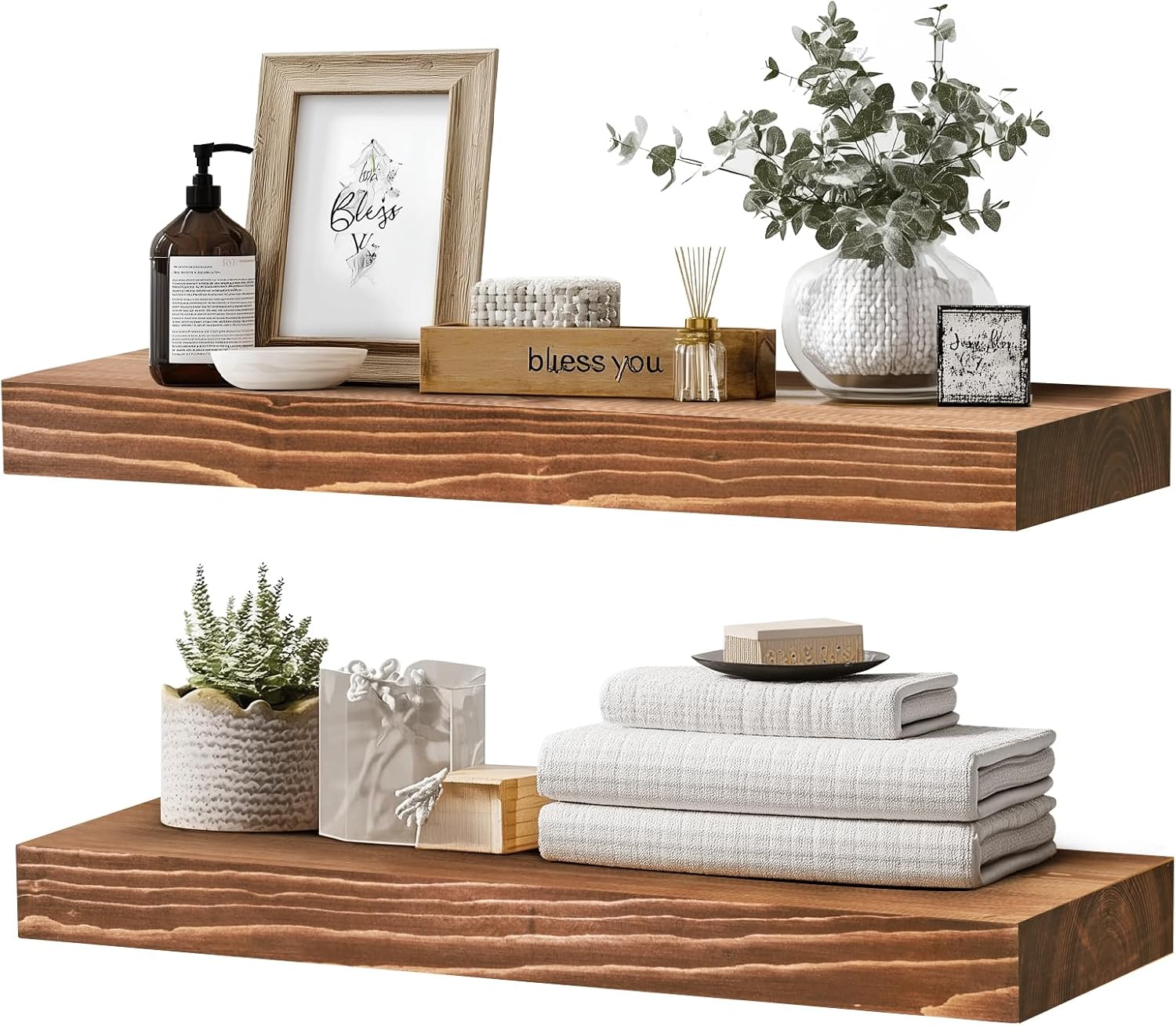 24x8x1.6 inch Floating Shelves Set of 2 – Solid Wood Rustic Brown Wall Mounted Shelf for Kitchen, Bathroom, Living Room