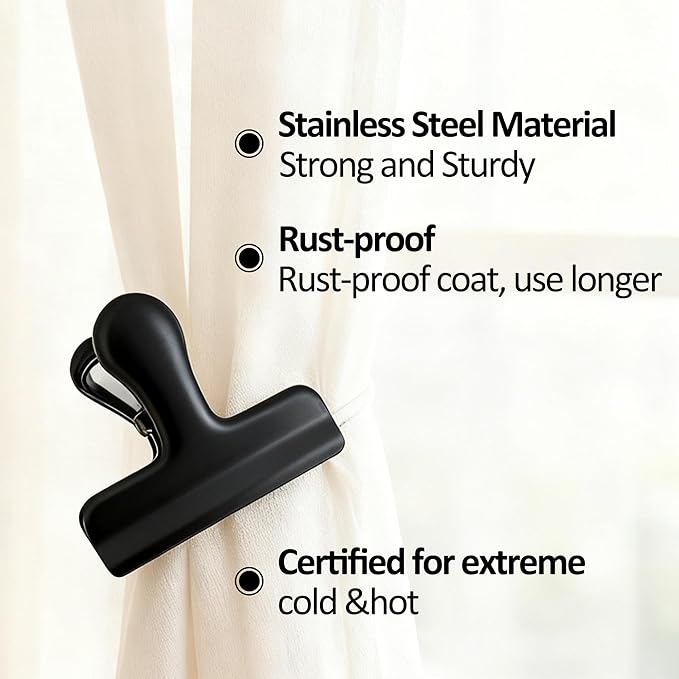 6 Pack Heavy-Duty Stainless Steel Chip Clips，3" Wide Air Tight Bag Clips for Food，Air Tight Seal Food Bag for Kitchen & Home (Matte Black)