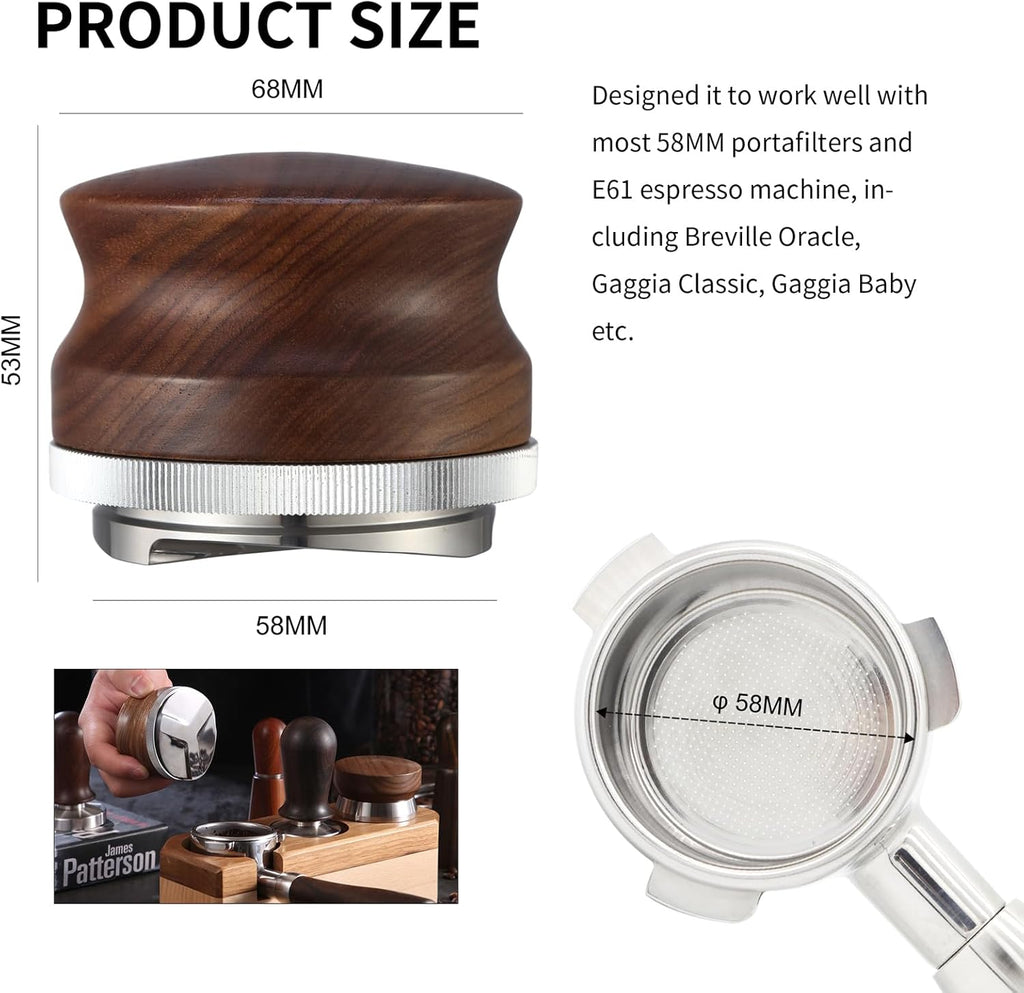 58mm Coffee Distributor, Espresso Distribution Tool, Adjustable Depth Espresso Tamper Leveler with Walnut Wood Handle Fits for 58mm Breville Gaggia E61 Portafilter