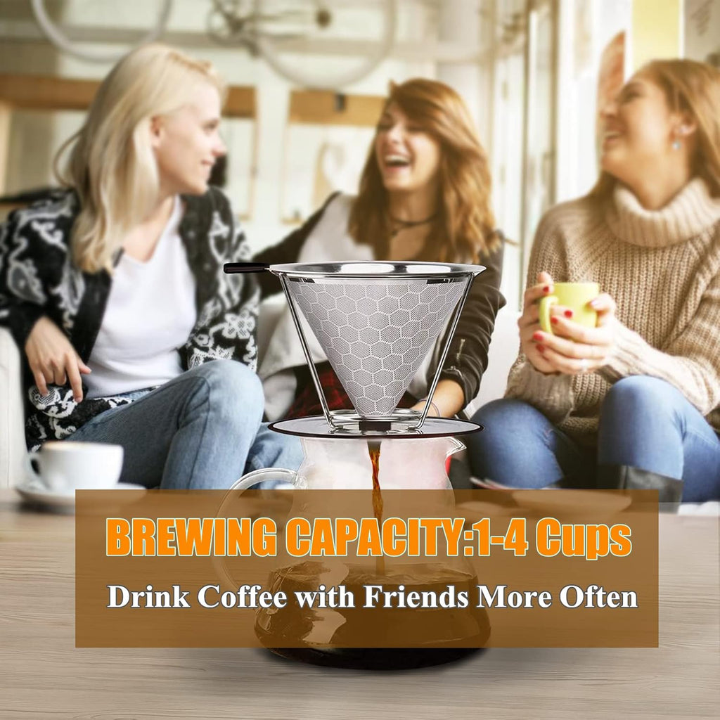 Pour Over Coffee Dripper, Reusable Cone Coffee Filter 1-4 cup, Stainless Steel Portable Coffee Filters Coffee Maker with Cleaning Brush for Home Office Travel Camping