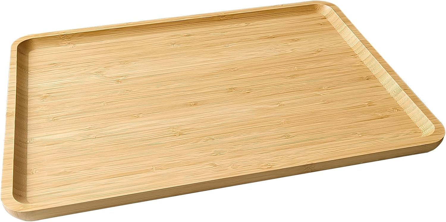 Bamboo Serving Tray Rectangle Platter Breakfast Dinner Food Bed Tray for Eating Kitchen Restaurants (1, 15.7" x 12.8" x 0.8" (no Handle))