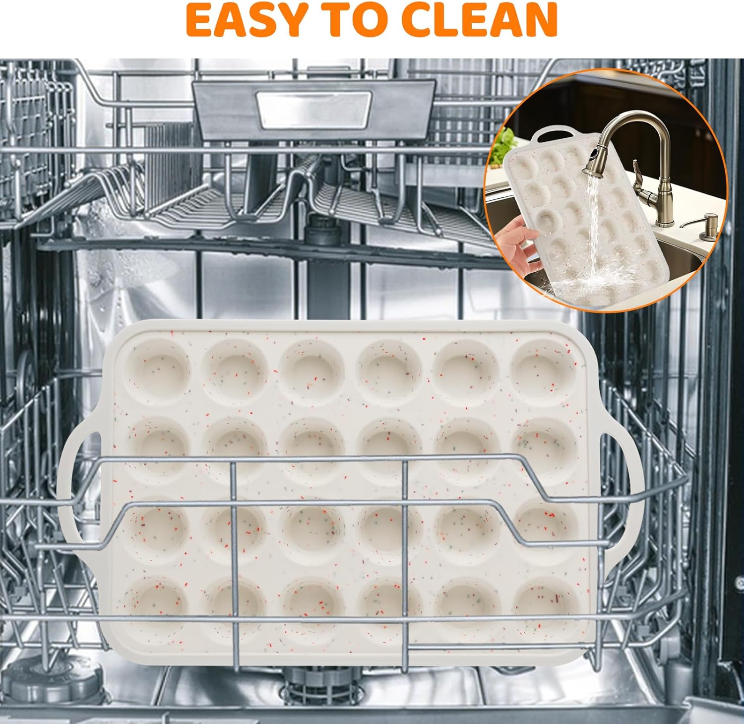 3 Pack Silicone Muffin Pan for Baking 24 Cup Mini Silicone Cupcake Pan with Metal Reinforced Frame, Nonstick Baking Cups BPA Free Silicone Cupcake Molds for Oven Dishwasher Safe, Cream