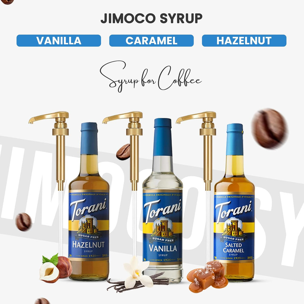 Coffee and Tea Syrup Variety Pack - Sugar Free Vanilla, Salted Caramel & Hazelnut Syrups for Coffee with 3 Jimoco Syrup Pump Dispenser Compatible with 25.4 Ounces