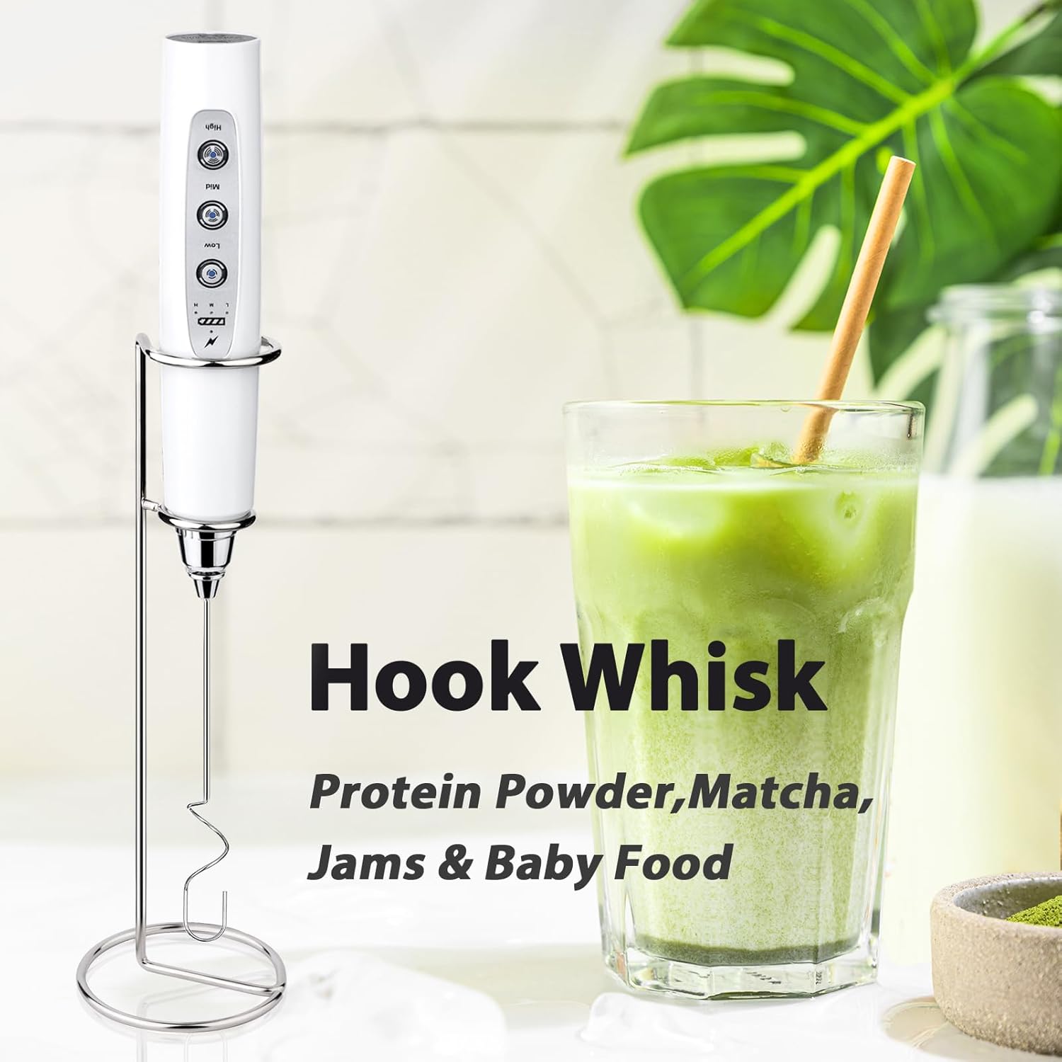 Milk Frother with Stand Rechargeable-Handheld Coffee Frother with 3 Stainless Whisks 3 Speed Adjustable, Electric Whisk Drink Mixer, Foam Maker Blender for Matcha Latte Cappuccino Chocolate