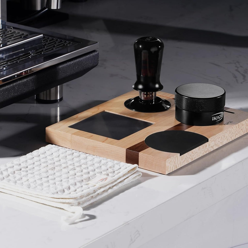 IKAPE 58MM Espresso Tamper Kit 5 IN 1, Espresso Accessories Kit with Semi-Transparent Coffee Tamper, Distributor, Tamper Base, Cleaning Towel, Essential for Baristas