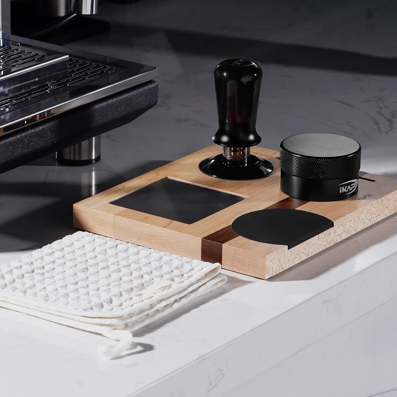 IKAPE 58MM Espresso Tamper Kit 5 IN 1, Espresso Accessories Kit with Semi-Transparent Coffee Tamper, Distributor, Tamper Base, Cleaning Towel, Essential for Baristas