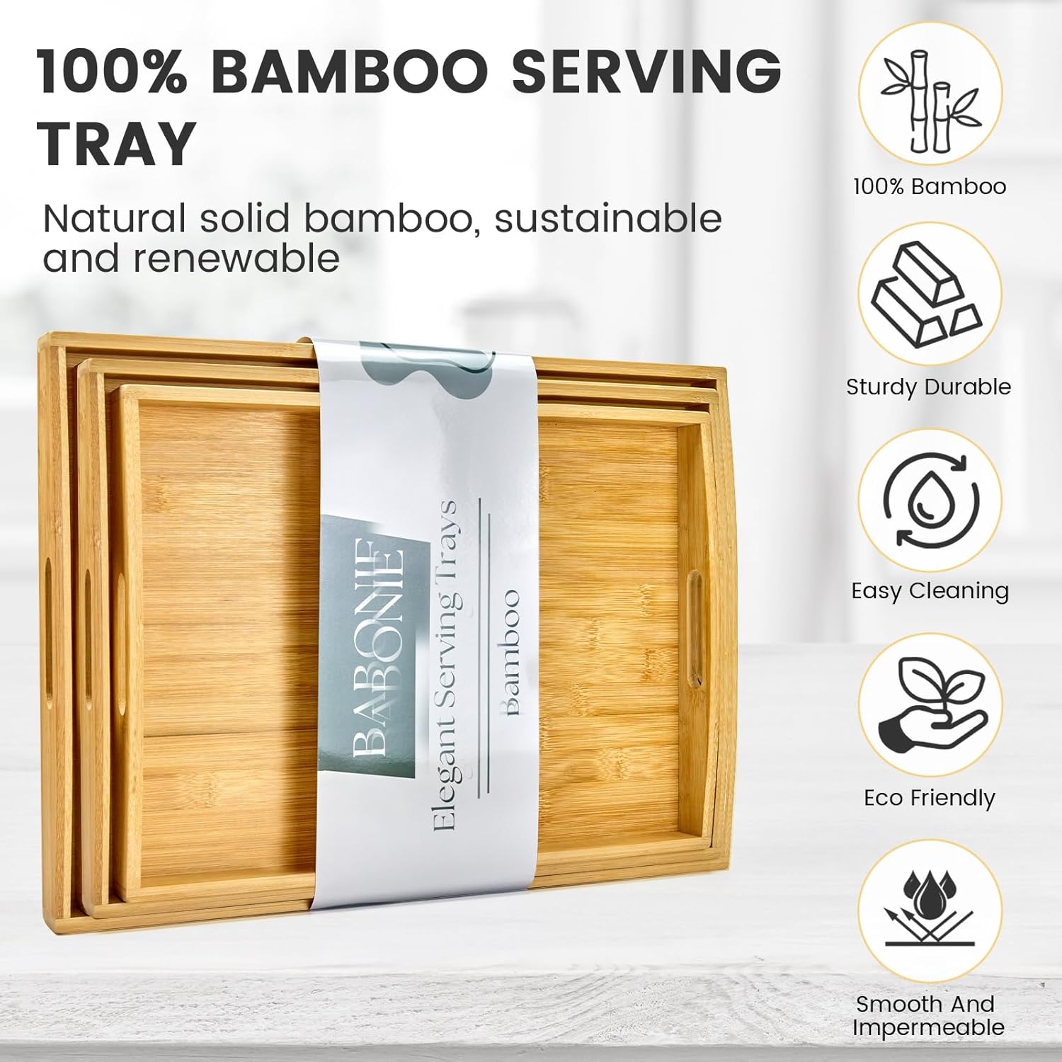Bamboo Serving Tray with Handles Set of 3 - Decorative Wooden Trays for Eating, Working, and Storing, Suitable for Use in Bedroom, Living Room, Kitchen, Bathroom, Outdoor Scenarios and More