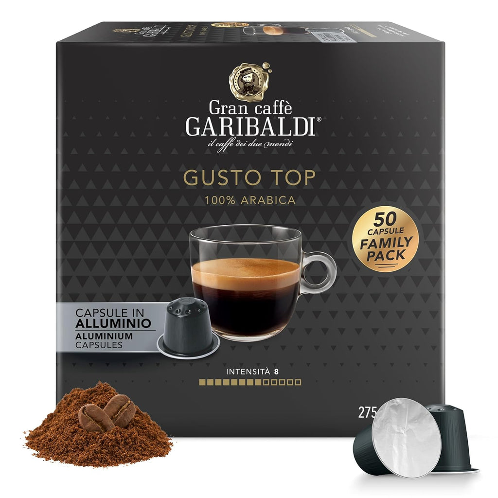 Gran Caffè Garibaldi Espresso Pods, Italian Roasted Compatible Nespresso Original Line Machines, 100% Arabica Blend, Brazilian & Central American Beans, Cocoa Aroma - Gusto Top (Aluminum) 50 Cups