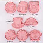St. Patrick's Day Cookie Cutters, 8Pcs 3D Plastic Cookie Molds Cartoon Shamrock Four Leaf Clover Horseshoe Biscuit Cutters for Irish Holiday Party Baking Cutting Tool (D8)