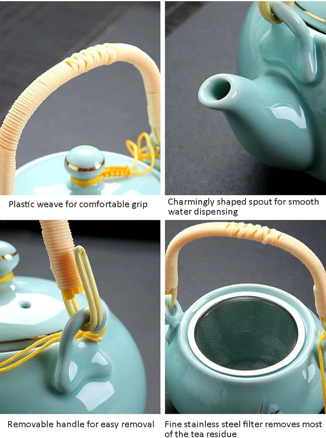 KEYDUACU Japanese Tea Set, Celadon Ceramic Tea Set, Plum Blossom Embossed, Includes 1 Teapot, 6 Anti-scald Teacups,Tea Tray,Strainer, Home, Outdoor, Gift, Chinese Kung Fu Tea Set(FDMH-FT-CYAN)