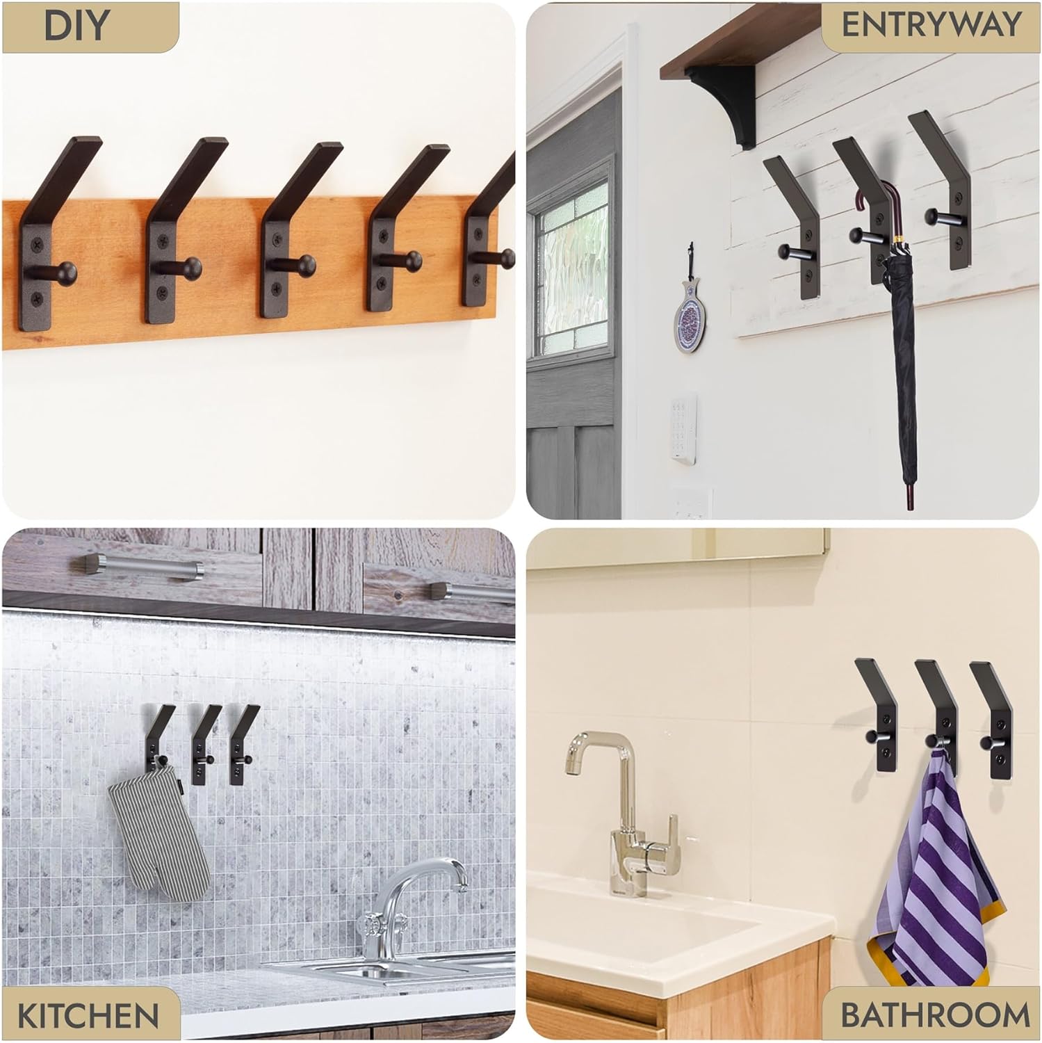 RTZEN Wall Mount Hook Set - Wrought Iron Decorative Rustic Metal Coat Hooks for Hanging - Handcrafted Classic Farmhouse Wall Mounted Black Hooks for Towel Robe or Hat Hanging - 3 Pack