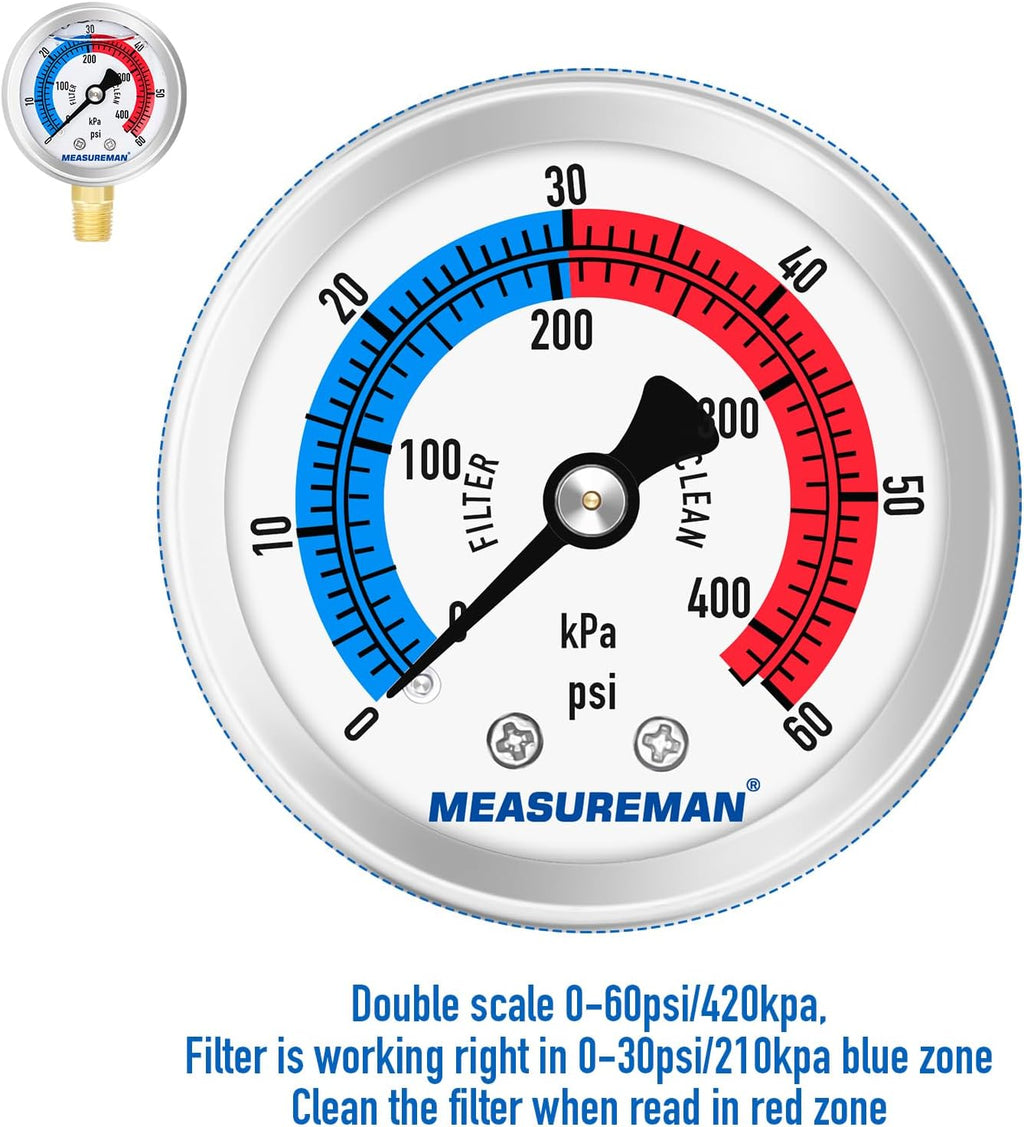 MEASUREMAN 2" Dial Size, Glycerin Filled Pool Filter Pressure Gauge, 304 Stainless Steel Case, 0-60psi/420kpa, 1/4" NPT Lower Mount