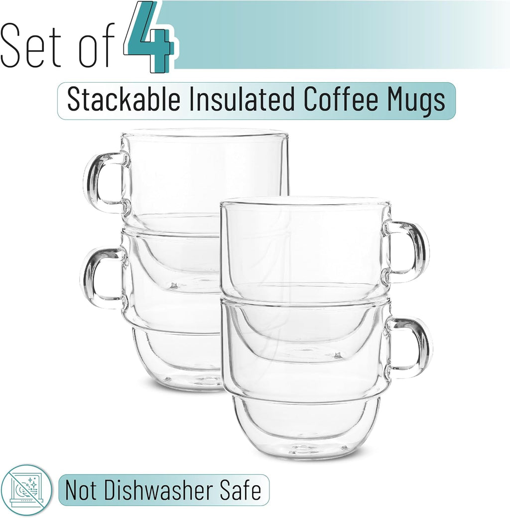 BTaT- Stackable Insulated Coffee Mugs, 4 Pack, 8 oz(240 ml), Stackable Glass Mugs, Double Wall Glass Coffee Cups, Tea Cups