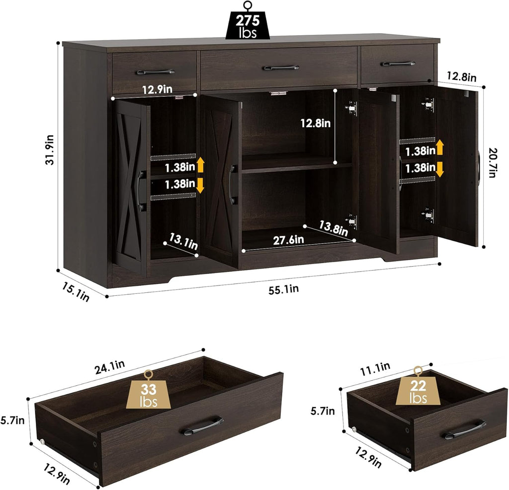 HOSTACK Buffet Cabinet with Drawers, 55" Large Sideboard Buffet Storage Cabinet with Shelves and Doors, Modern Farmhouse Coffee Bar Station Wood Kitchen Table for Kitchen, Dining Room, Dark Brown