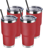 DOMICARE 30 oz Tumbler with Lid and Straw, Stainless Steel Tumblers Bulk, Insulated Vacuum Double Wall Travel Coffee Mug, Durable Powder Coated Tumbler Cups (Red, 4)